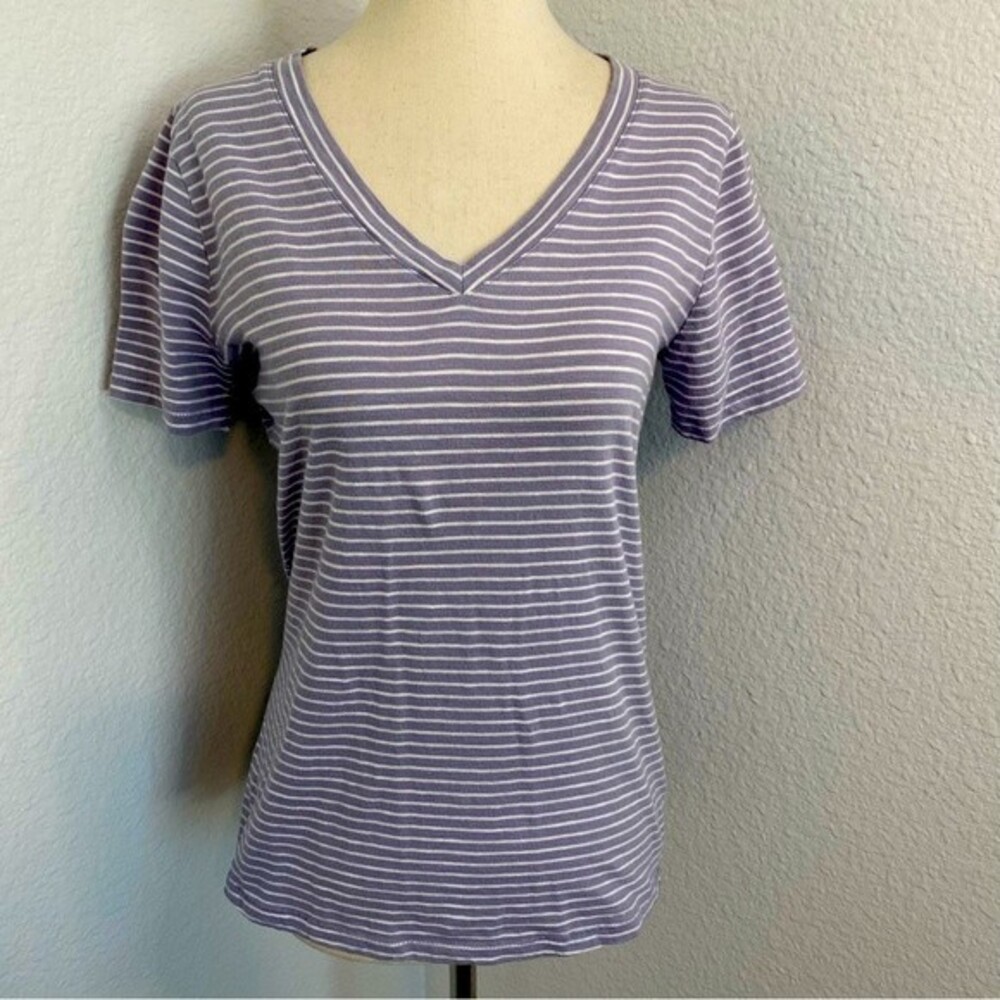 Sonoma Purple White V Neck Stripe Short Sleeve Comfy Top Size XS